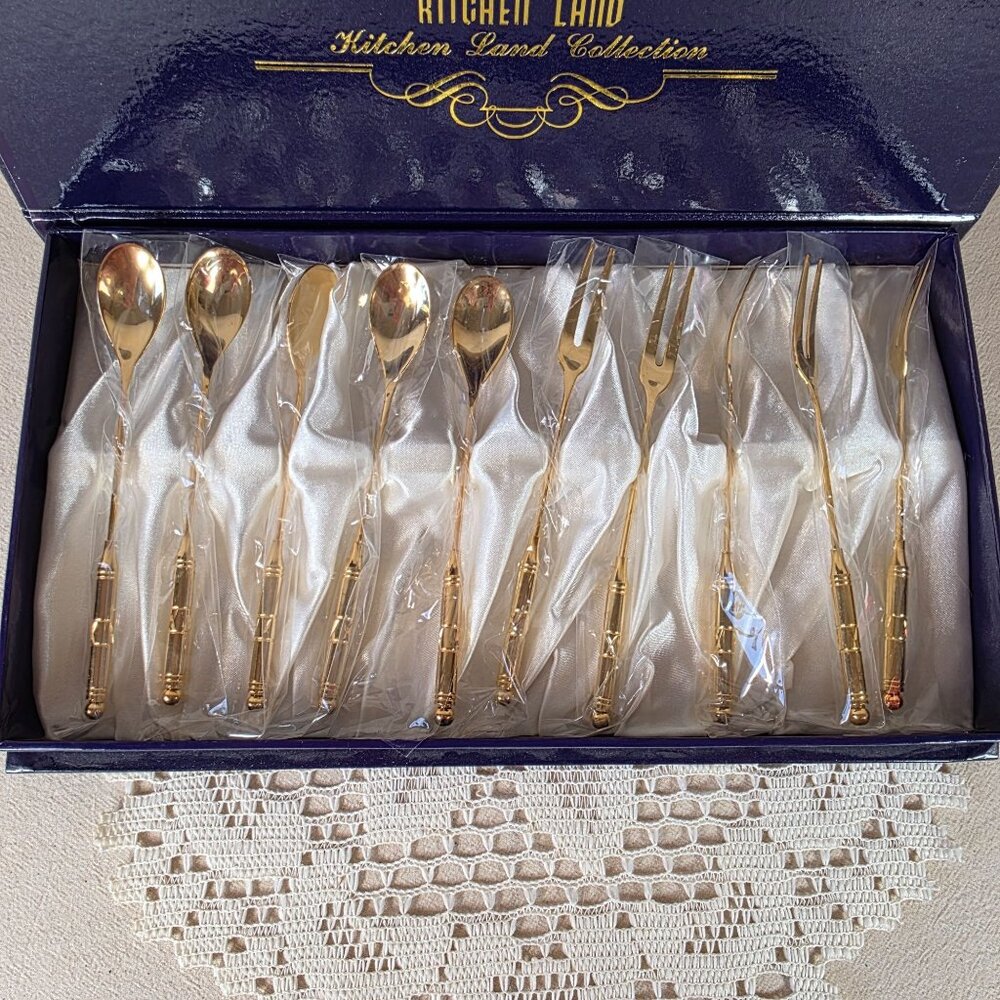 Kitchen Land Gold Plated Dessert Spoon & Fork Serving Set 12pc - Picture 2 of 4